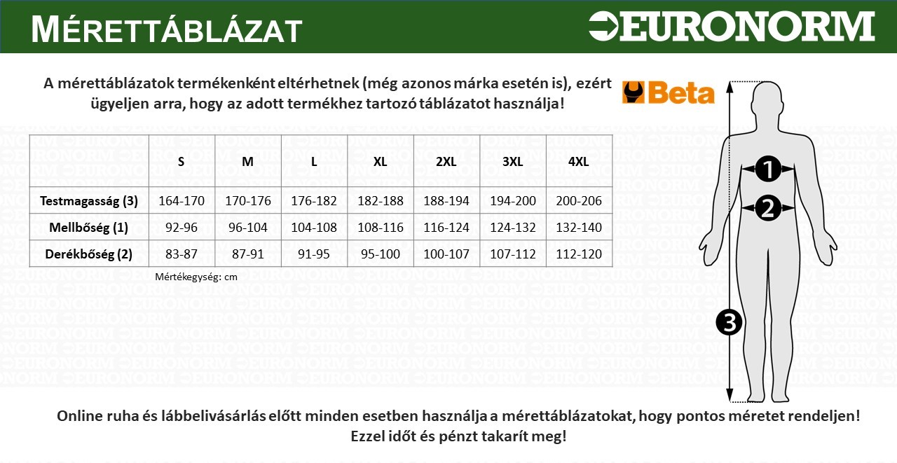 Beta munkaruha mérettáblázat