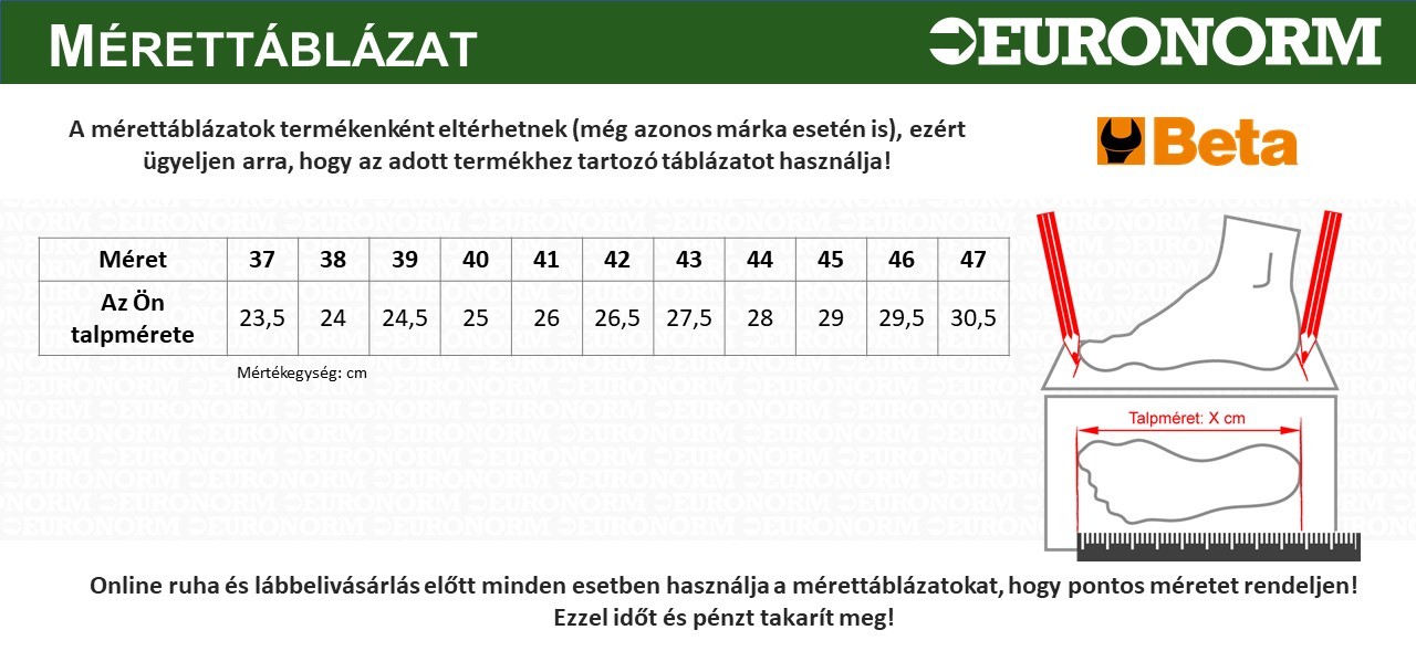 Beta munkavédelmi cipő mérettáblázat