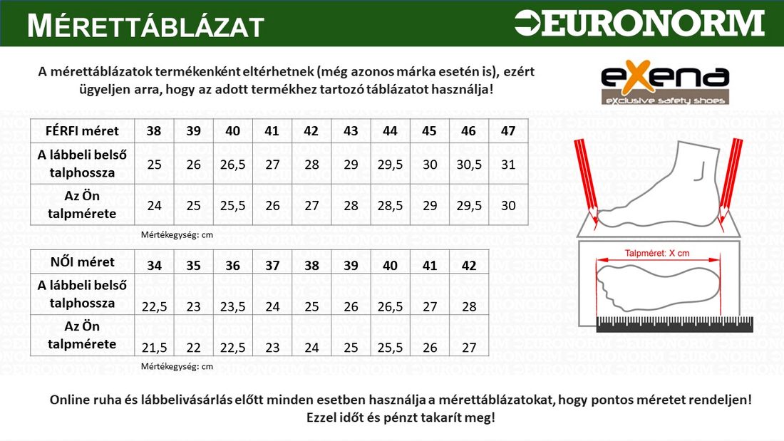 Exena munkavédelmi lábbeli mérettáblázat