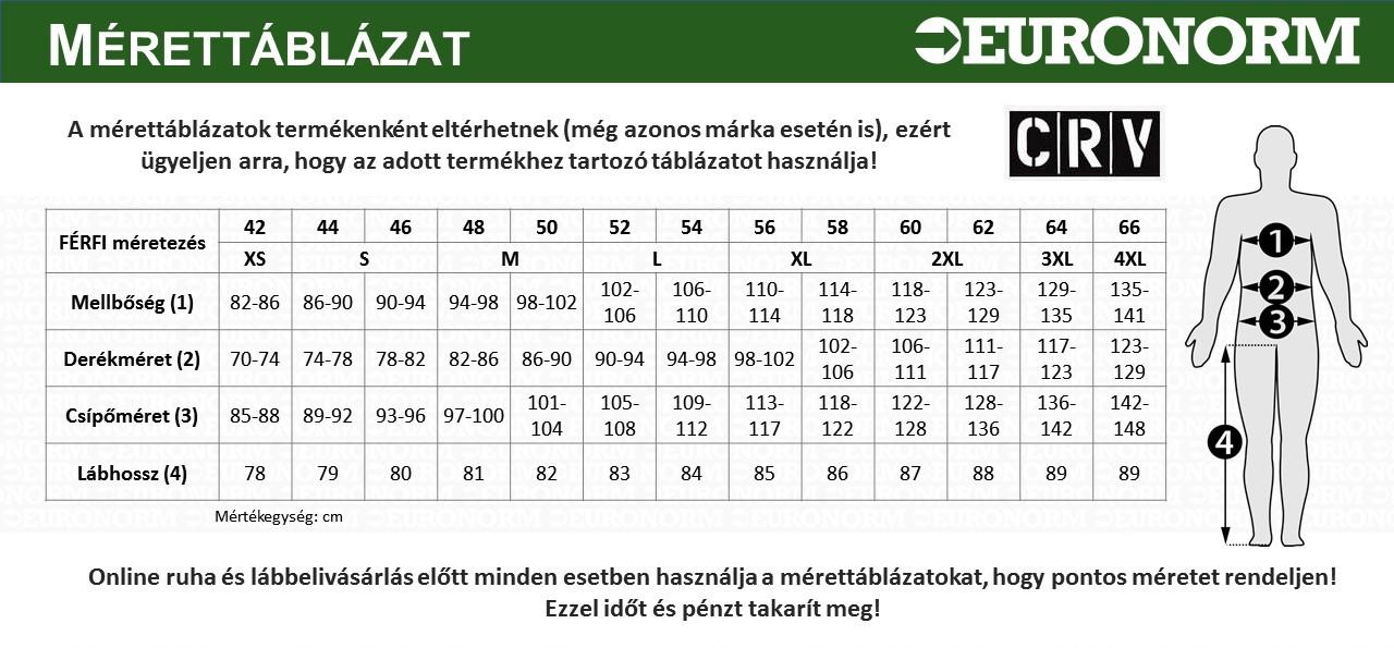 CRV férfi munkaruha mérettáblázat