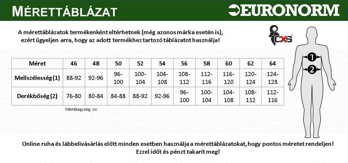 CXS munkaruha mérettáblázat