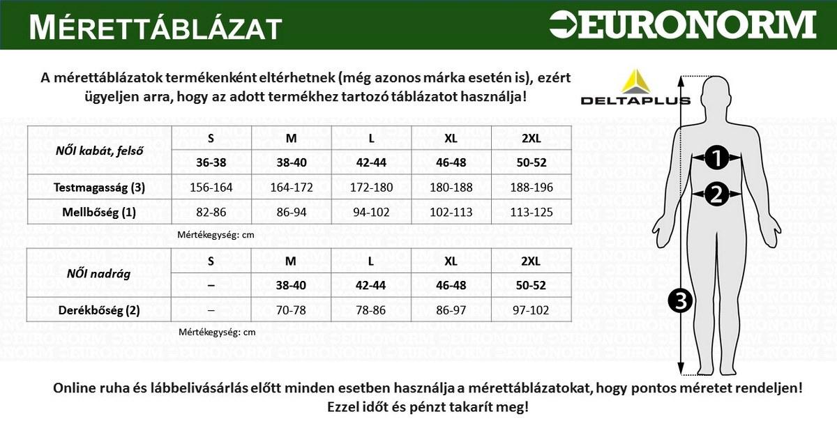 DeltaPlus női munkaruha mérettáblázat