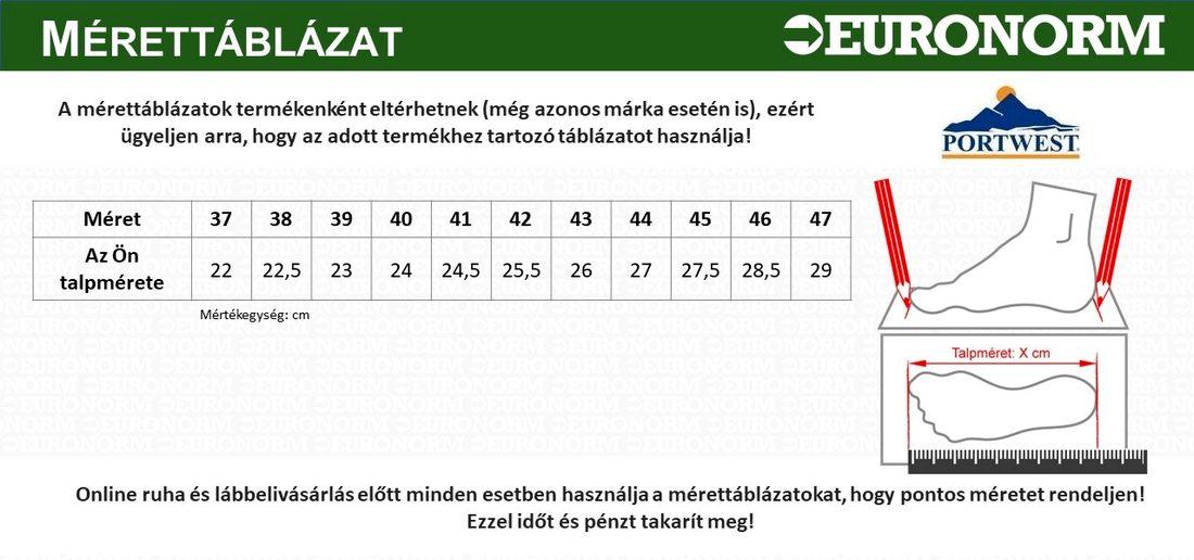 Portwest lábbeli mérettáblázat