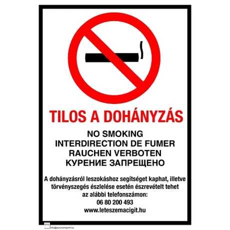 Dohányozni tilos, 4 nyelvű, ANTSZ és Korm. rendelet alapján